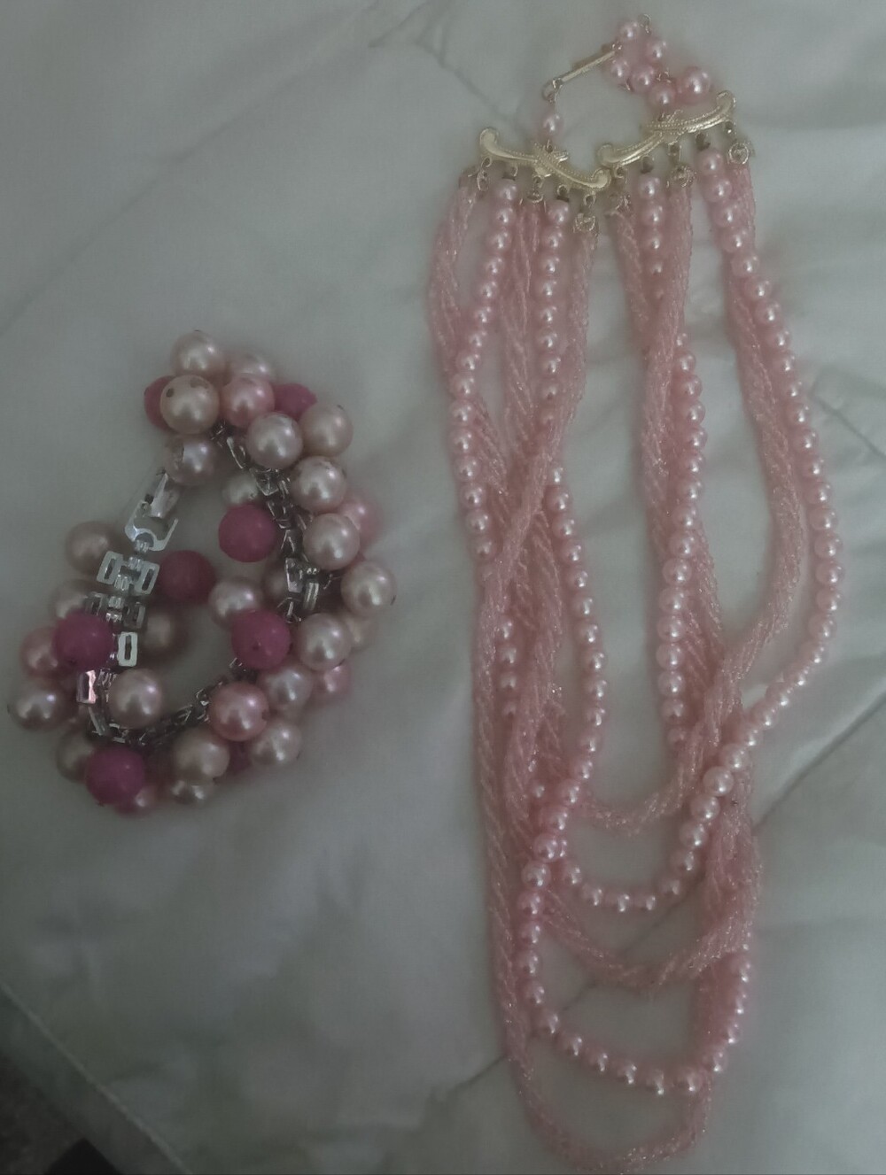 Pretty In Pink Multi-Strand Pearl Necklace, Bracelet And Earrings